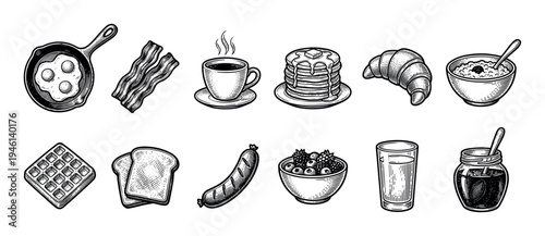 Breakfast food and drink icon set featuring pancakes, eggs, bacon, coffee, sausage, and toast, drawn in a classic black and white vintage engraving sketch style for menu design
