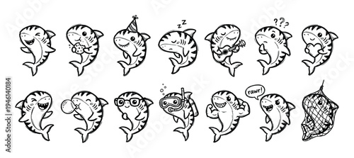 Collection of cute hand-drawn shark characters showing various emotions and activities, including sleeping, eating, and celebrating in a funny black and white doodle illustration set