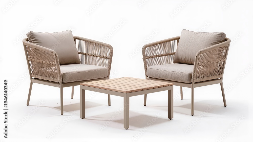 Obraz premium Modern outdoor lounge chair set with small coffee table isolated on white background, elegant patio furniture designed for terrace, garden or outdoor relaxation area.