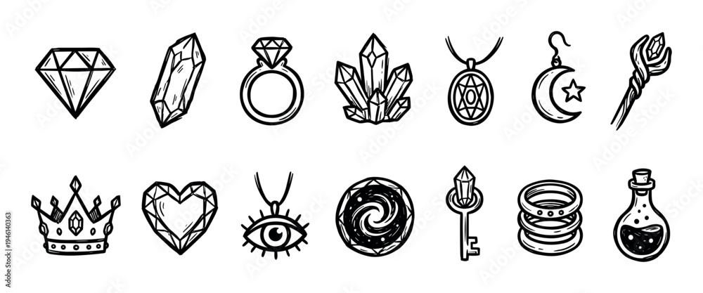 Obraz premium Set of hand-drawn magical fantasy icons featuring a crystal, diamond, ring, crown, potion, and key in a black and white doodle sketch style for mystical or esoteric themes