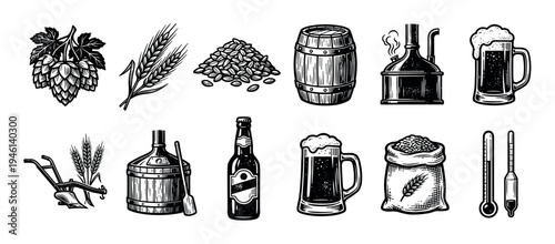 Collection of black and white beer brewing icons in a vintage engraving style, featuring hops, barley, a wooden barrel, a foamy mug, and various brewery equipment elements