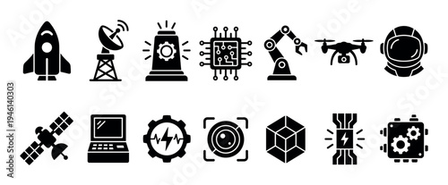 Diverse set of black solid glyph icons representing technology, science, and automation, including a rocket, drone, robotic arm, satellite, and microchip