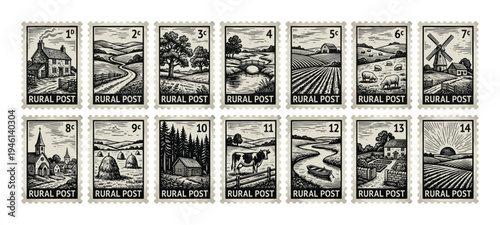 Collection of vintage rural postage stamps featuring countryside scenes in a black and white woodcut style, depicting farms, villages, fields, and nature illustrations for mail correspondence