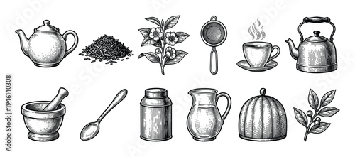 Set of vintage tea making items including a teapot, kettle, cup, leaves, and plant branch, all illustrated in a detailed black and white engraving style