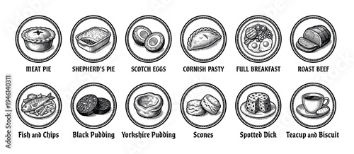 Set of classic British food illustrations in a retro monochrome engraving style, depicting famous national dishes including Cornish pasty, scotch eggs, and Yorkshire pudding
