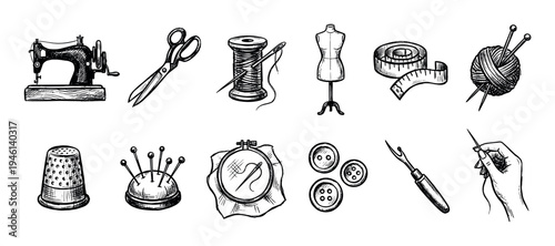 Set of hand-drawn sewing and tailoring equipment in a vintage sketch style, including a sewing machine, scissors, thread, mannequin, buttons, and other craft supplies