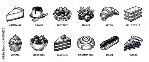 Collection of twelve dessert and pastry illustrations in a vintage hand-drawn engraving style, featuring cake, pie, tart, berries, and other sweet bakery food items