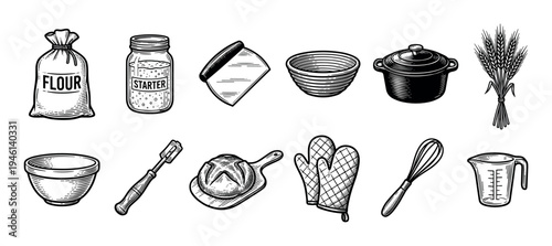 Set of bread baking tools and ingredients illustrated in a vintage black and white engraving style, including flour, starter, wheat, a Dutch oven, and various utensils