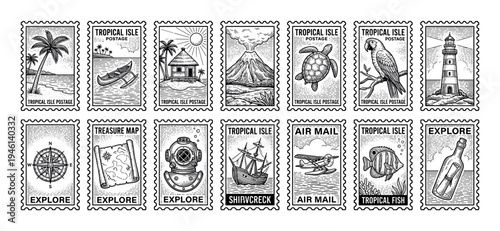 Set of fourteen vintage postage stamps illustrated in a black and white woodcut style, depicting tropical adventure themes like a palm tree, volcano, treasure map, and sailing ship