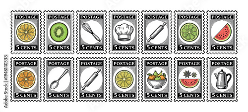 Set of vintage postage stamps featuring food and cooking icons in a retro engraved illustration style with colorful fruit slices and black and white kitchen utensils