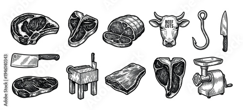 Collection of black and white beef cuts and butcher tools in a vintage hand-drawn engraving style, including steak, roast, cleaver, grinder, and a cow head icon for a butchery menu
