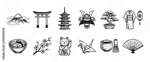 Set of hand-drawn Japanese culture icons including a torii gate, pagoda, samurai helmet, bonsai, kimono, sushi, and lucky cat in a black and white sketch style illustration