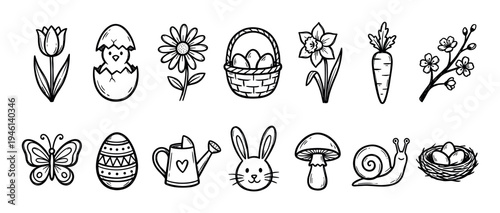Set of hand-drawn Easter and spring icons including a bunny, chick, decorated egg, flowers, and basket, presented in a charming black and white doodle collection for seasonal designs