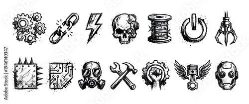 Set of fourteen industrial cyberpunk icons hand-drawn in a rough, sketchy grunge style, featuring a robotic skull, gas mask, gears, piston, and other mechanical elements