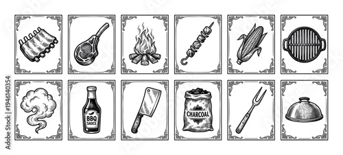 Set of twelve barbecue themed illustrations in a vintage black and white engraving style, featuring icons of ribs, steak, kebab, corn, grill, sauce, and cooking tools