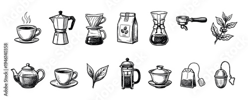 Hand-drawn coffee and tea icon set featuring various brewing methods, cups, and plants in a detailed black and white sketch style for cafe and beverage concepts