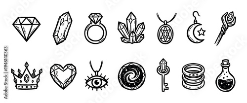 Set of hand-drawn magical fantasy icons featuring a crystal, diamond, ring, crown, potion, and key in a black and white doodle sketch style for mystical or esoteric themes
