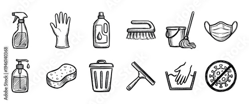 Set of hand-drawn cleaning icons in a doodle sketch style showing various hygiene and sanitation items like a mop, glove, soap, and anti-virus symbol for disinfection concepts