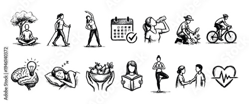 Collection of hand-drawn healthy lifestyle icons showing various activities like yoga, cycling, reading, and sleeping in a black and white sketch style for wellness concepts