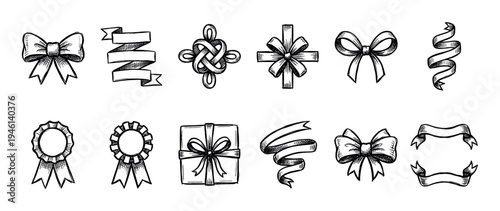Various hand-drawn ribbons, bows, and award rosettes in a black ink sketch style, featuring a gift box, decorative knots, and banners for celebratory graphic design elements
