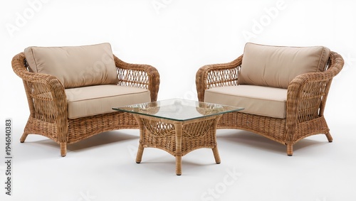 Elegant rattan wicker outdoor furniture set with sofa, armchair and coffee table isolated on white background, stylish patio and garden seating furniture for terrace relaxation.