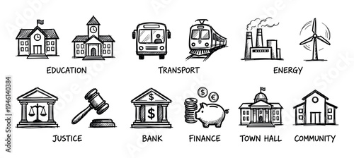 Hand drawn sketch icon set representing public services like education, transport, energy, justice, and finance in a simple black and white doodle style illustration