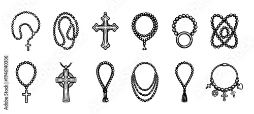 Collection of hand-drawn religious prayer beads, rosaries, crosses, and spiritual jewelry in a black and white sketch style illustration showing various faith symbols