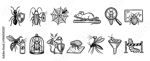 Pest control doodle icon collection showing insects and rodents like ants, mice, cockroaches, and mosquitoes with extermination tools in a black and white hand-drawn sketch style
