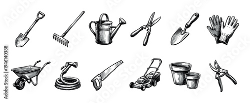 Collection of hand-drawn gardening tools including a shovel, rake, watering can, shears, and lawnmower in a vintage black and white sketch illustration style