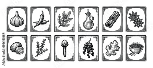 Set of vintage spice and herb illustrations in a detailed hand-drawn engraving style featuring garlic, chili, cinnamon, ginger, and other culinary ingredients on ornate cards