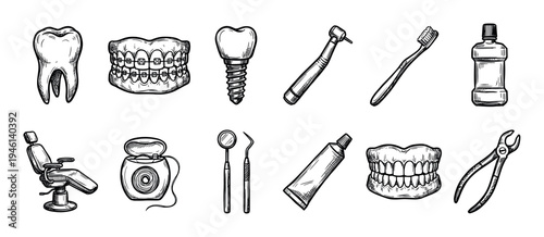 Collection of hand-drawn dental icons including a tooth, braces, implant, tools, and hygiene products in a black and white sketch style for healthcare and medical concepts