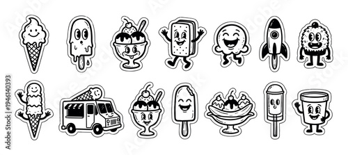 Set of black and white cartoon ice cream characters with happy faces in a retro comic style, including a cone, popsicle, sundae, and food truck for a fun sticker collection
