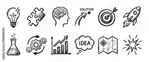 Hand drawn business and creativity icons set in a black and white sketch style, illustrating concepts of innovation, strategy, solution, and growth with various doodle symbols