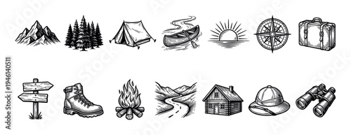 Hand-drawn travel and adventure icon collection featuring a mountain, tent, campfire, compass, binoculars, and hiking boot in a classic black and white engraved illustration style
