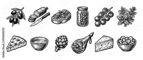 Collection of Mediterranean food ingredients illustrated in a vintage black and white engraving style, featuring prosciutto, cheese, olives, salami, tomatoes, and bread for an antipasto platter