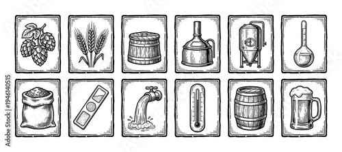 Set of beer brewing process icons in a vintage black and white engraving style showing hops, wheat, barrel, fermentation tank, and a mug of ale for a craft brewery