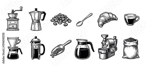 Collection of vintage coffee making equipment including a grinder, moka pot, beans, and croissant, illustrated in a detailed black and white engraving or woodcut artistic style