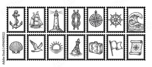 Fourteen vintage nautical themed postage stamps featuring an anchor, ship, lighthouse, compass, and wave in a black and white hand-drawn engraving style collection