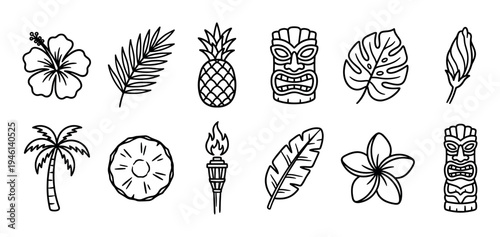 Set of tropical tiki line art icons including a pineapple, palm tree, hibiscus flower, and tribal mask in a simple hand-drawn doodle style for summer vacation themes