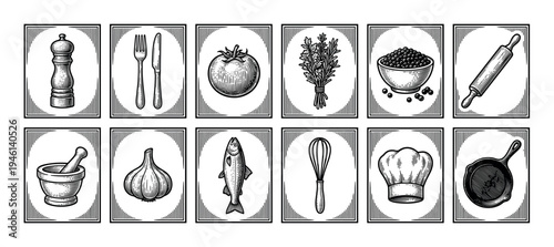 Collection of twelve food and cooking icons in a detailed black and white vintage engraving style, featuring kitchen utensils, ingredients, and culinary symbols