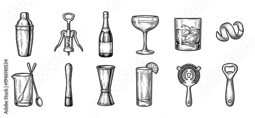 Large set of bar tools and cocktail ingredients including a shaker, jigger, strainer, and glasses in a detailed black and white vintage engraving illustration style