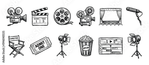 Collection of hand-drawn cinema icons featuring a movie camera, clapperboard, film reel, popcorn, and director's chair in a black and white sketch doodle illustration set