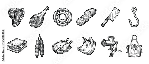 Butcher shop icon set with various meat products including steak, ham, sausage, bacon, and chicken in a vintage black and white hand-drawn engraving style illustration