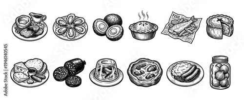 Collection of traditional British food illustrations in a vintage hand-drawn engraving style, including fish and chips, pie, sausage, cheese, oysters, and pickled onions