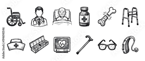 Hand-drawn set of geriatric medicine icons in a doodle style, featuring an elderly patient, doctor, wheelchair, walker, pills, and other senior healthcare equipment