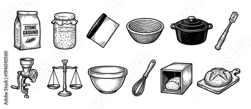 Set of vintage bread baking tools and ingredients including a Dutch oven, banneton, flour, starter, and a grain mill, illustrated in a detailed black and white engraving style