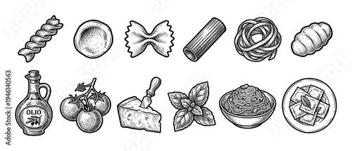 Italian food and pasta ingredients collection with various pasta shapes, cheese, tomato, basil, and olive oil, hand-drawn in a detailed black and white vintage engraving illustration style