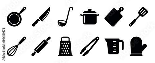 Black silhouette icons of kitchenware and cooking tools including a frying pan, pot, knife, grater, and rolling pin presented in a simple, minimalist vector graphic style