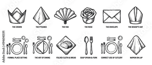 Set of vintage dining etiquette illustrations showing various napkin folding techniques and formal table place settings in a classic black and white hand-drawn engraving style