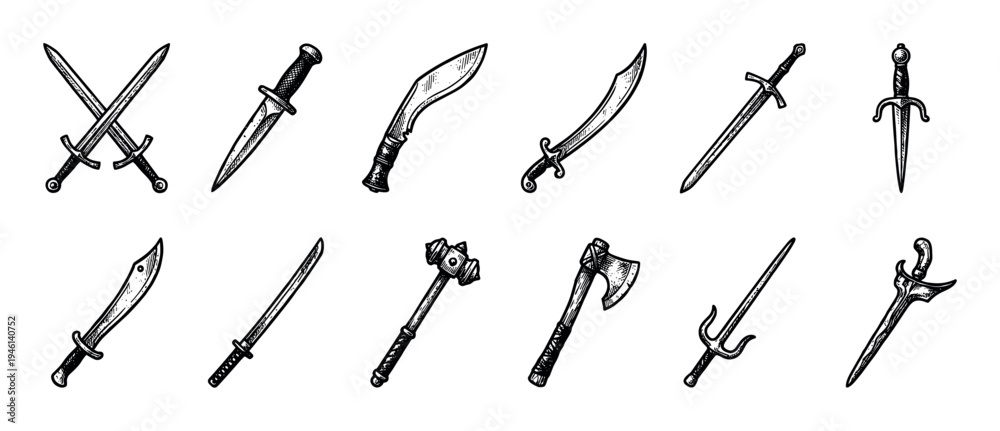 Naklejka premium Collection of twelve medieval fantasy weapons illustrated in a black and white vintage engraving style, featuring swords, daggers, an axe, a war hammer, katana, and scimitar